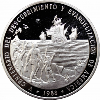 Доминикана 100 песо 1988 г., PROOF, "500 лет открытию и евангелизации Америки"