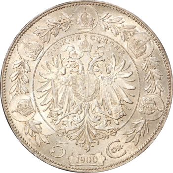 Австрия 5 крон 1900 г., PCGS MS62, "Император Франц Иосиф I (1848 - 1916)"