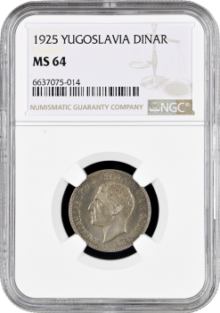 Югославия 1 динар 1925 г., NGC MS64, "Король Александр I (1921 - 1934)"