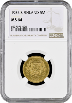 Финляндия 5 марок 1935 г. S, NGC MS64, "Финляндская Республика (Suomi) (1918 - 1962)" Top Pop