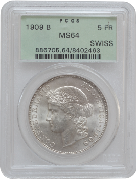 Швейцария 5 франков 1909 г. B., PCGS MS64, "Швейцарская Конфедерация (1850 - 1916)"