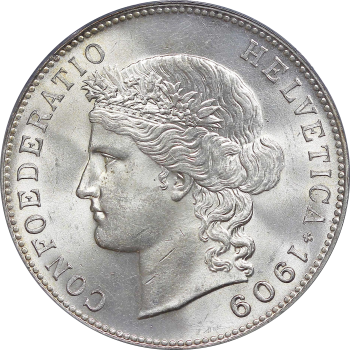Швейцария 5 франков 1909 г. B., PCGS MS64, "Швейцарская Конфедерация (1850 - 1916)"