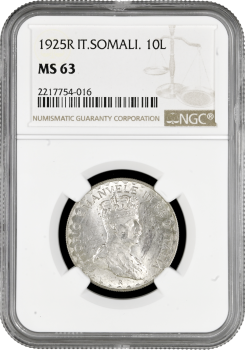Итальянское Сомали 10 лир 1925 г., NGC MS63, "Король Виктор Эммануил III (1900 - 1946)"