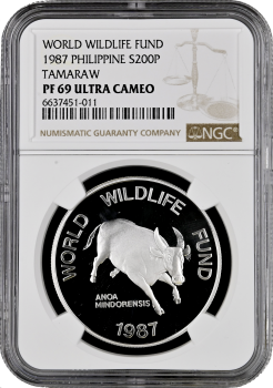 Филиппины 200 писо 1987 г., NGC PF69 UC, "25 лет Всемирному фонду дикой природы"