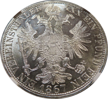 Австрия 1 союзный талер 1867 г. A, NGC MS63, "Император Франц Иосиф (1848 - 1916)"
