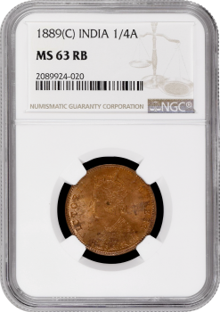 Индия - Британская 1/4 анна 1889 г., NGC MS63 RB, "Королева Виктория (1862 - 1901)"