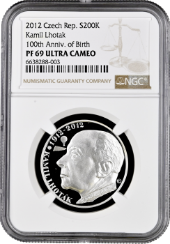 Чехия 200 крон 2012 г., NGC PF69 UC, "100 лет со дня рождения Камила Лготака" Top Pop
