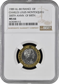 Франция 10 франков 1989 г., NGC MS66, "300 лет со дня рождения Шарля Луи де Монтескьё"