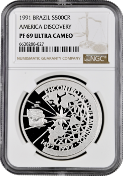 Бразилия 500 крузейро 1991 г., NGC PF69 UC, "Иберо-Америка - Встреча двух миров" Top Pop