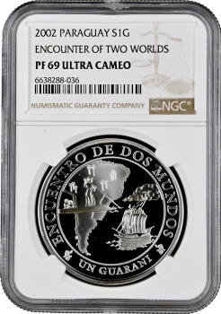 Парагвай 1 гуарани 2002, NGC PF69 UC, "V Иберо-Америка - Навигация"