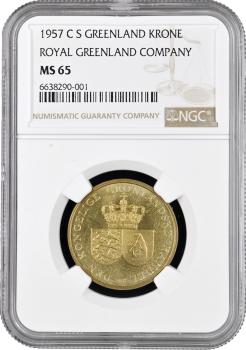 Гренландия 1 крона 1957 г. C S, NGC MS65, "Датская территория (1953 - 1979)"