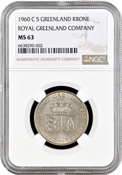Гренландия 1 крона 1960 г., NGC MS63, "Датская территория (1953 - 1979)"