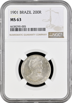 Бразилия 200 рейсов 1901 г., NGC MS63, "Первая Республика (1889 - 1942)"