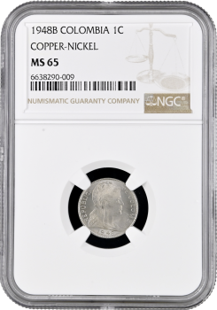 Колумбия 1 сентаво 1948 г. B, NGC MS65, "Президент Симон Боливар (1819 - 1830)" Top Pop