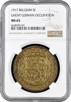 Бельгия 5 франков 1917 г., NGC MS65, "Германская оккупация города Гент (1915 - 1918)" Top Pop