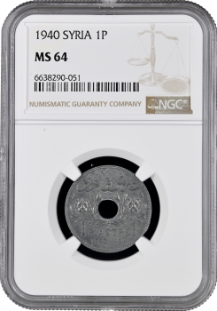 Сирия 1 пиастр 1940 г., NGC MS64, "Французский протекторат (1921 - 1945)'' Top Pop