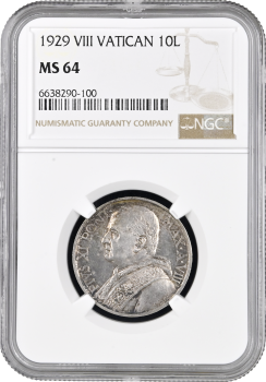 Ватикан 10 лир 1929 г., NGC MS64, "Папа Пий XI (1929 - 1938)"