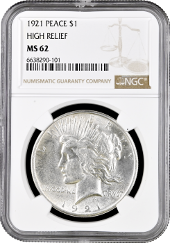 США 1 доллар 1921 г., NGC MS62, "Peace Dollar - High Relief"