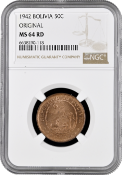 Боливия 50 сентаво 1942 г., NGC MS64 RD ORIGINAL, "Республика Боливия (1870 - 1963)"