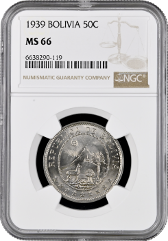 Боливия 50 сентаво 1939 г., NGC MS66, "Республика Боливия (1870 - 1963)"