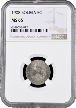 Боливия 5 сентаво 1908 г., NGC MS65, "Республика Боливия (1870 - 1963)" Top Pop 1/0