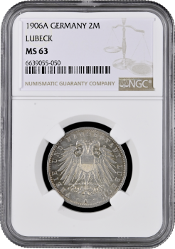 Любек 2 марки 1906 г. A, NGC MS63, "Германская империя (1871 - 1918)"