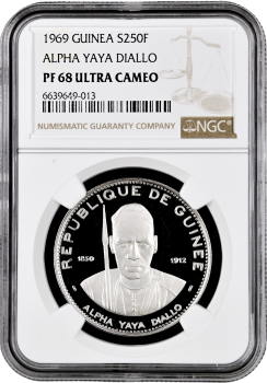 Гвинея 250 франков 1969 г., NGC PF68 UC, "Альфа Яя Диалло"