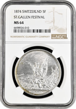 Швейцария 5 франков 1874 г., NGC MS64, "Стрелковый фестиваль в Санкт-Галлене"
