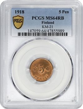 Финляндия 5 пенни 1918 г., PCGS MS64 RB, "Гражданская война - Трубы на аверсе"