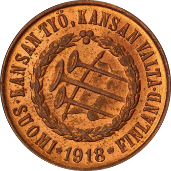 Финляндия 5 пенни 1918 г., PCGS MS64 RB, "Гражданская война - Трубы на аверсе"