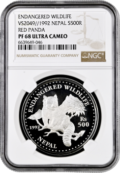 Непал 500 рупий BS 2049 (1992 г.), NGC PF68 UC, "Вымирающие виды - Красная панда"