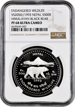 Непал 500 рупий BS 2050 (1993 г.), NGC PF68 UC, "Вымирающие виды - Гималайский черный медведь"