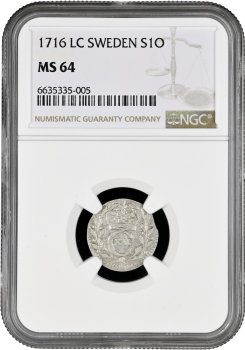 Швеция 1 эре 1716 г. LC, NGC MS64, "Король Карл XII (1697 - 1718)" Top Pop 1/0