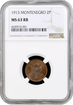 Черногория 2 пара 1913 г., NGC MS63 RB, "Король Никола I (1906 - 1918)"