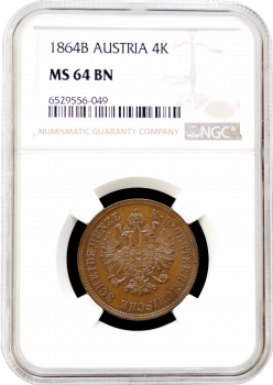 Австрия 4 крейцера 1864 г. B, NGC MS64 BN, "Император Франц Иосиф I (1848 - 1916)"
