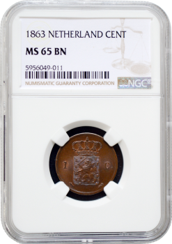 Нидерланды 1 цент 1863 г., NGC MS65 BN, "Король Виллем III (1849 - 1890)" Top Pop