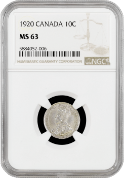Канада 10 центов 1920 г., NGC MS63, "Король Георг V (1911 - 1936)"