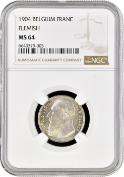 Бельгия 1 франк 1904 г. DER, NGC MS64, "Король Леопольд II (1865 - 1909)"