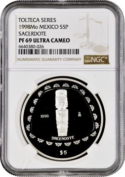 Мексика 5 песо 1998 г. Mo, NGC PF69 UC, "Тольтеки - Sacerdote" Top Pop