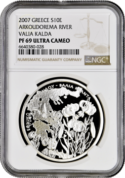 Греция 10 евро 2007 г., NGC PF69 UC, "Национальный парк Южный Пиндос - Валия Калда"