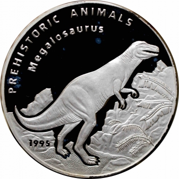 Лаос 50 кипов 1995 г., PROOF, "Доисторические животные - Мегалозавр"