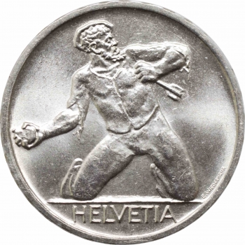 Швейцария 5 франков 1944 г., BU, "500 лет Битве у Сент-Якоба"