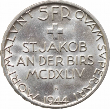 Швейцария 5 франков 1944 г., BU, "500 лет Битве у Сент-Якоба"