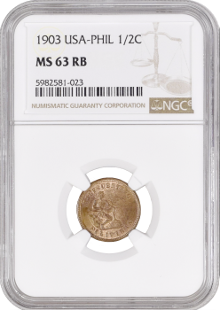 Филиппины 1/2 сентаво 1903 г., NGC MS63 RB, "Администрация США (1903 - 1945)"