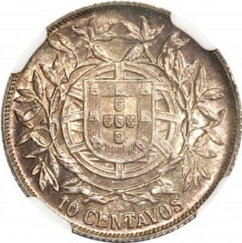 Португалия 10 сентаво 1915 г., NGC MS62, "Португальская Республика (1911 - 1969)"