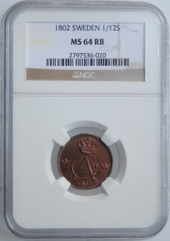 Швеция 1/12 скиллинга 1802, NGC MS64 RB, "Король Густав IV Адольф (1792 - 1809)"