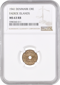Фарерские острова 1 эре 1941 г., NGC MS63 RB, "Король Кристиан X (1941 - 1941)"