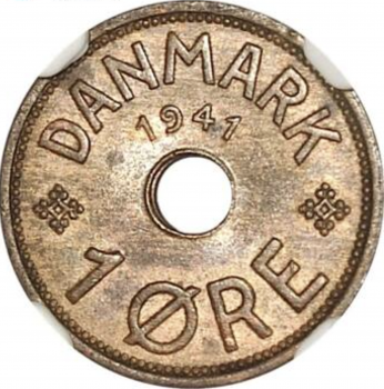 Фарерские острова 1 эре 1941 г., NGC MS63 RB, "Король Кристиан X (1941 - 1941)"