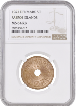Фарерские острова 5 эре 1941 г., NGC MS64 RB, "Король Кристиан X (1941 - 1941)"