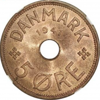 Фарерские острова 5 эре 1941 г., NGC MS64 RB, "Король Кристиан X (1941 - 1941)"